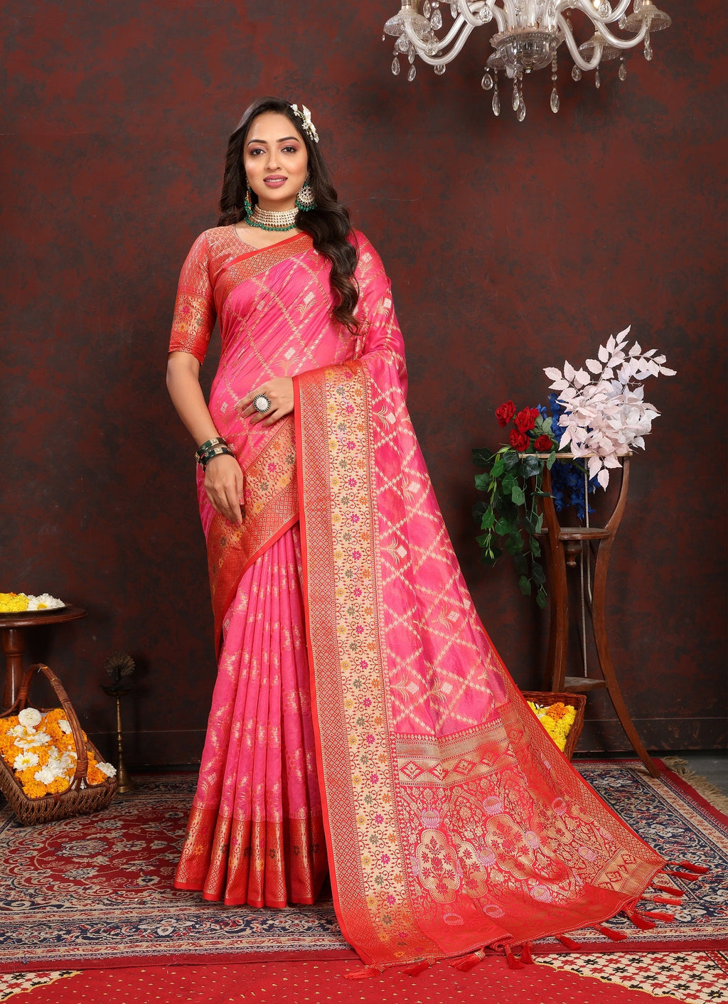 Vedant Vastram Tomato Color Kanjeevaram Organza Silk Saree - Tomato | Grocsy