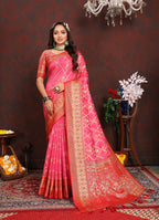 Vedant Vastram Tomato Color Kanjeevaram Organza Silk Saree - Tomato | Grocsy