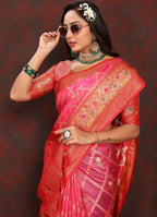 Vedant Vastram Tomato Color Kanjeevaram Organza Silk Saree - Tomato | Grocsy