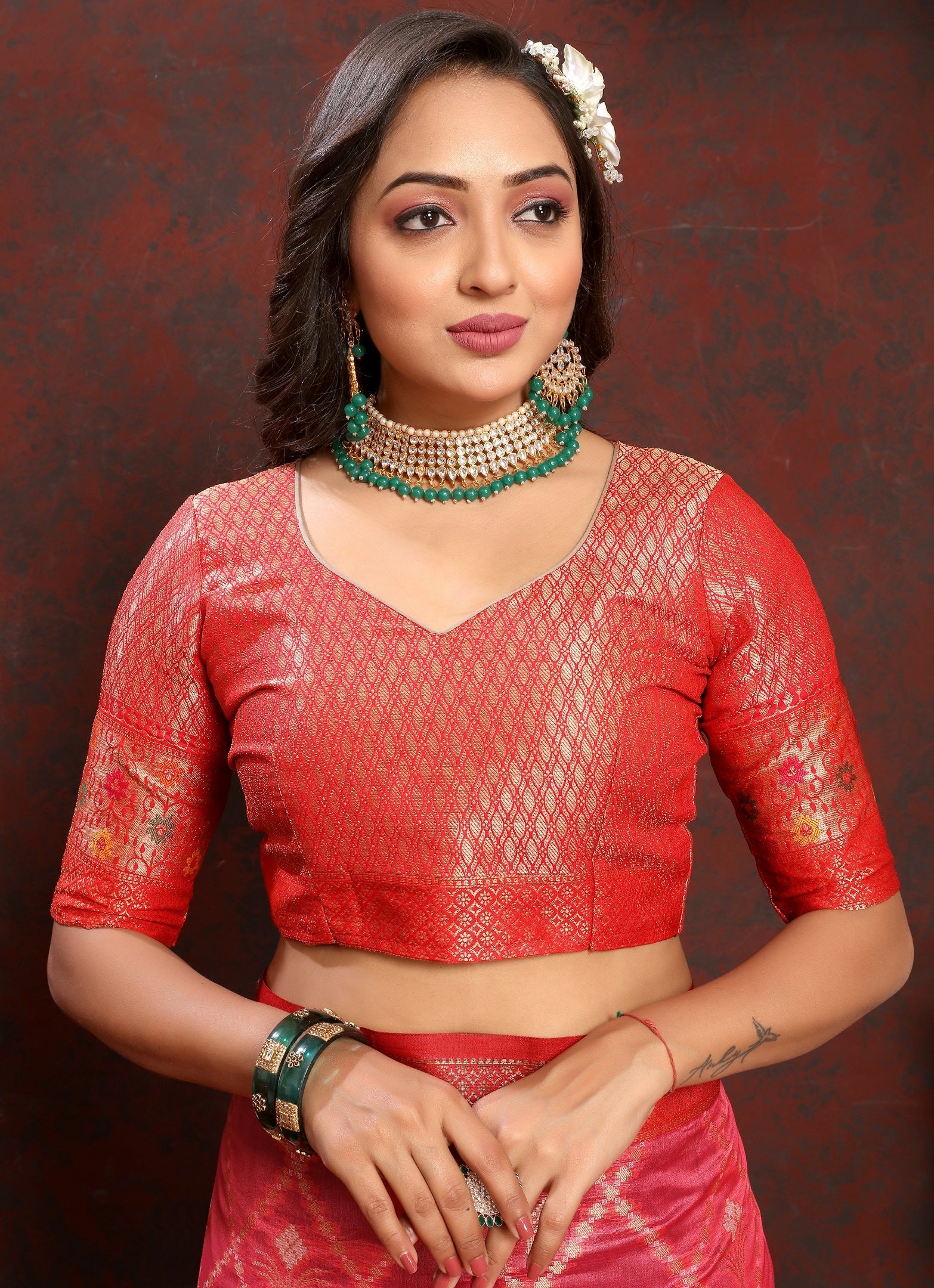 Vedant Vastram Tomato Color Kanjeevaram Organza Silk Saree - Tomato | Grocsy