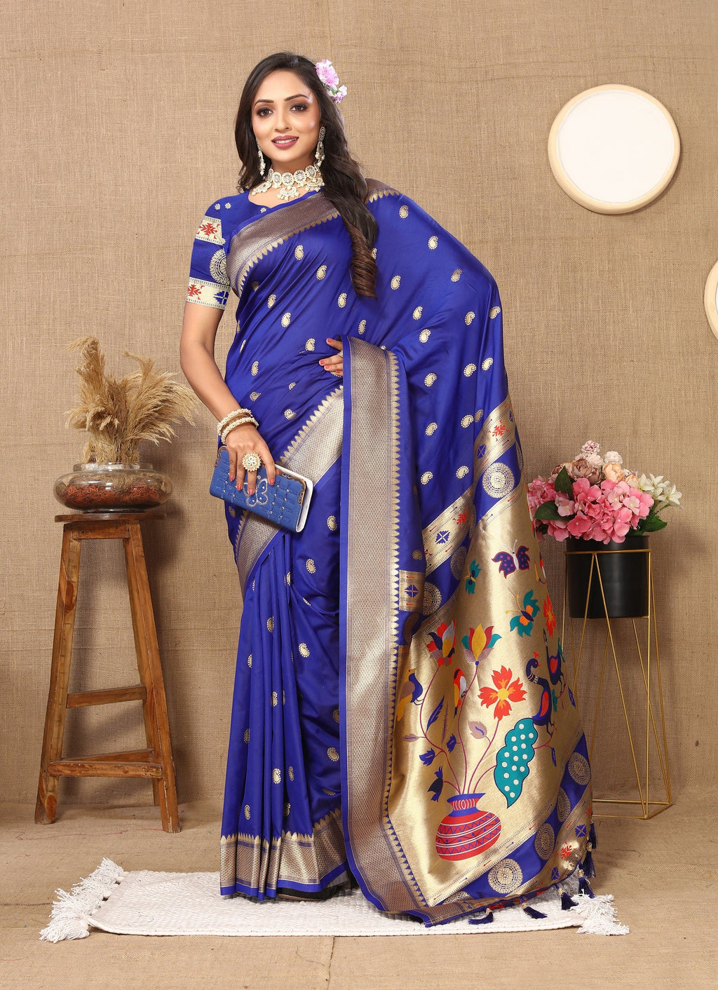 Vedant Vastram Blue Color Paithani Silk Saree - Blue | Grocsy