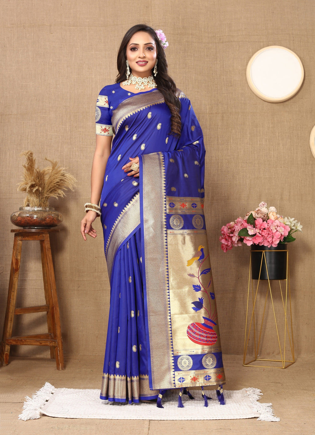Vedant Vastram Blue Color Paithani Silk Saree - Blue | Grocsy