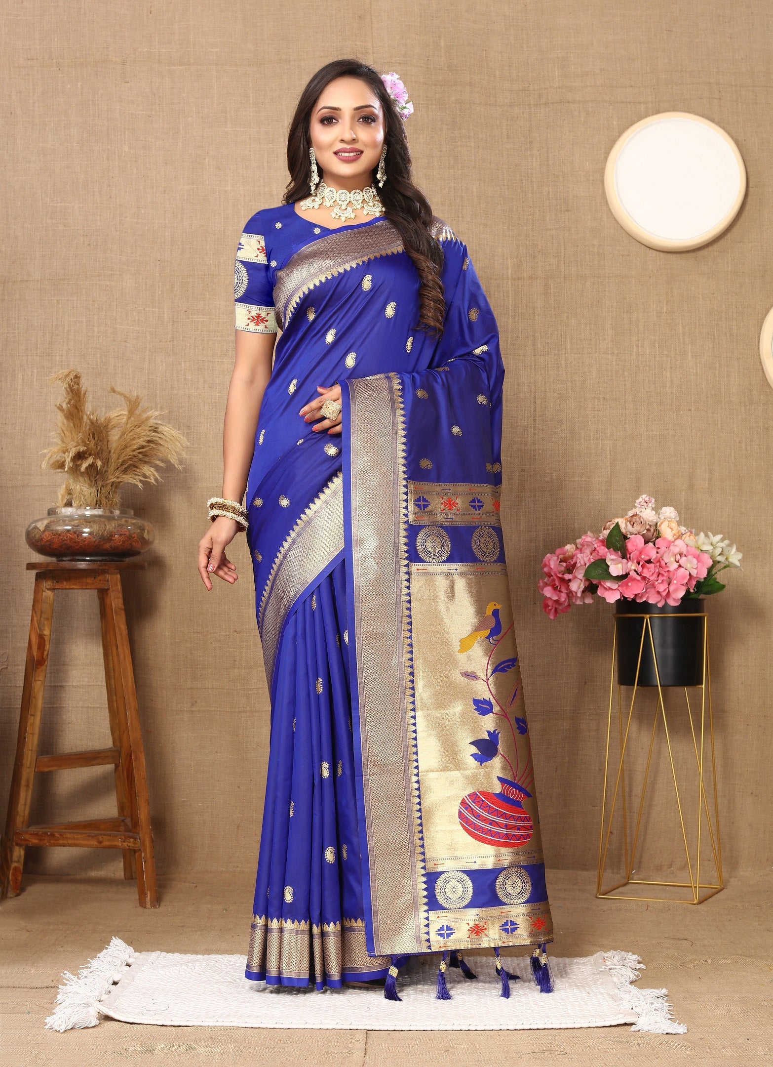 Vedant Vastram Blue Color Paithani Silk Saree - Blue | Grocsy