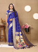 Vedant Vastram Blue Color Paithani Silk Saree - Blue | Grocsy