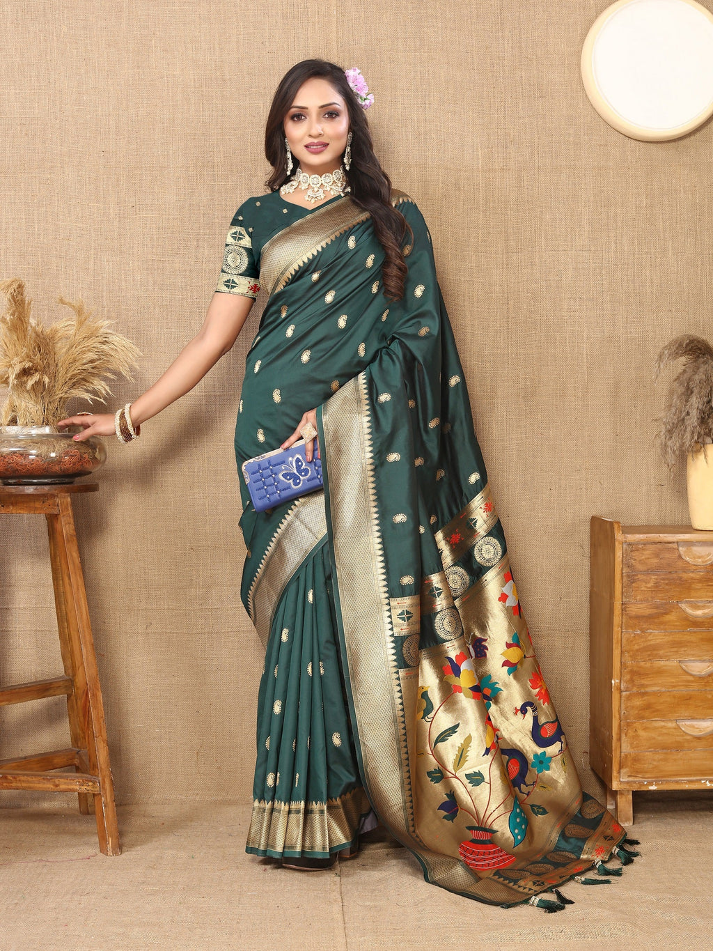 Vedant Vastram Bottle Green Color Paithani Silk Saree - Bottle Green | Grocsy