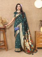 Vedant Vastram Bottle Green Color Paithani Silk Saree - Bottle Green | Grocsy