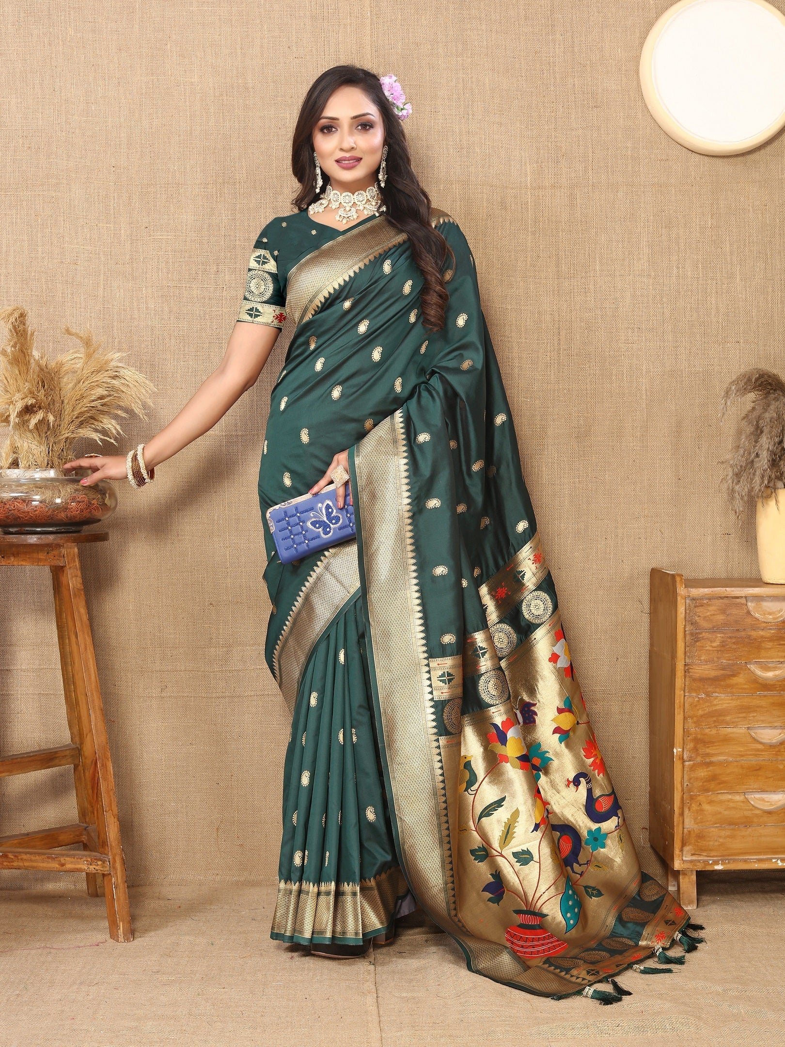 Vedant Vastram Bottle Green Color Paithani Silk Saree - Bottle Green | Grocsy