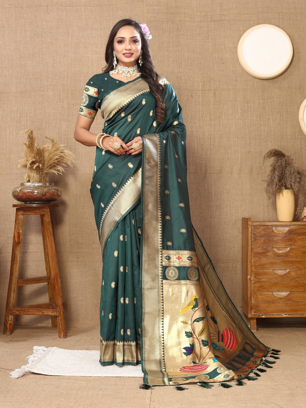 Vedant Vastram Bottle Green Color Paithani Silk Saree - Bottle Green | Grocsy