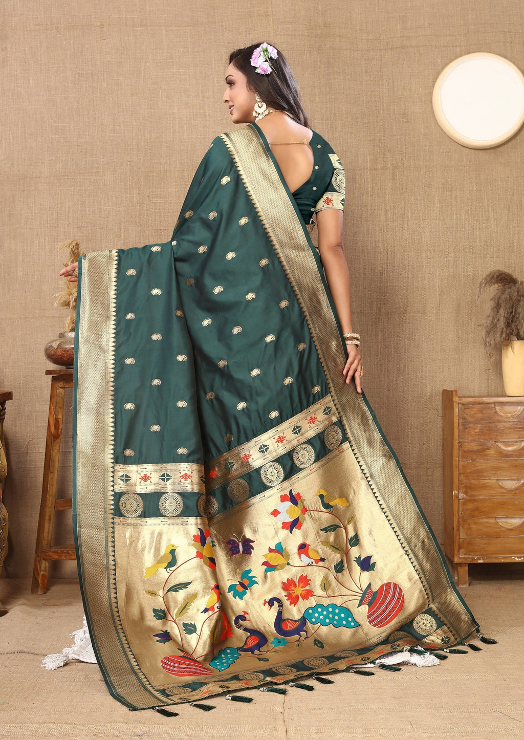 Vedant Vastram Bottle Green Color Paithani Silk Saree - Bottle Green | Grocsy