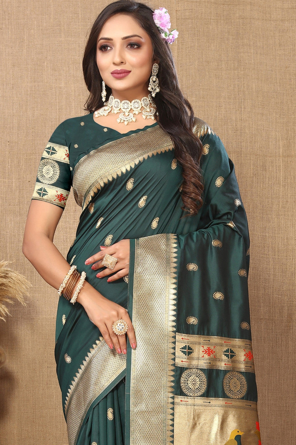 Vedant Vastram Bottle Green Color Paithani Silk Saree - Bottle Green | Grocsy