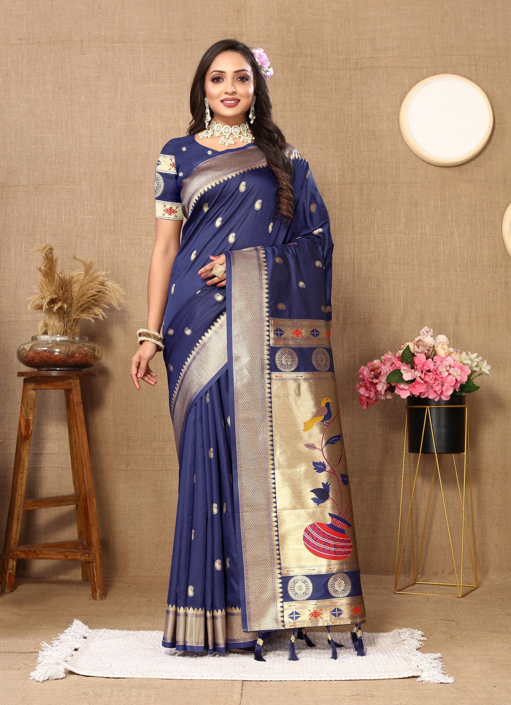 Vedant Vastram Navy Blue Color Paithani Silk Saree - Navy Blue | Grocsy