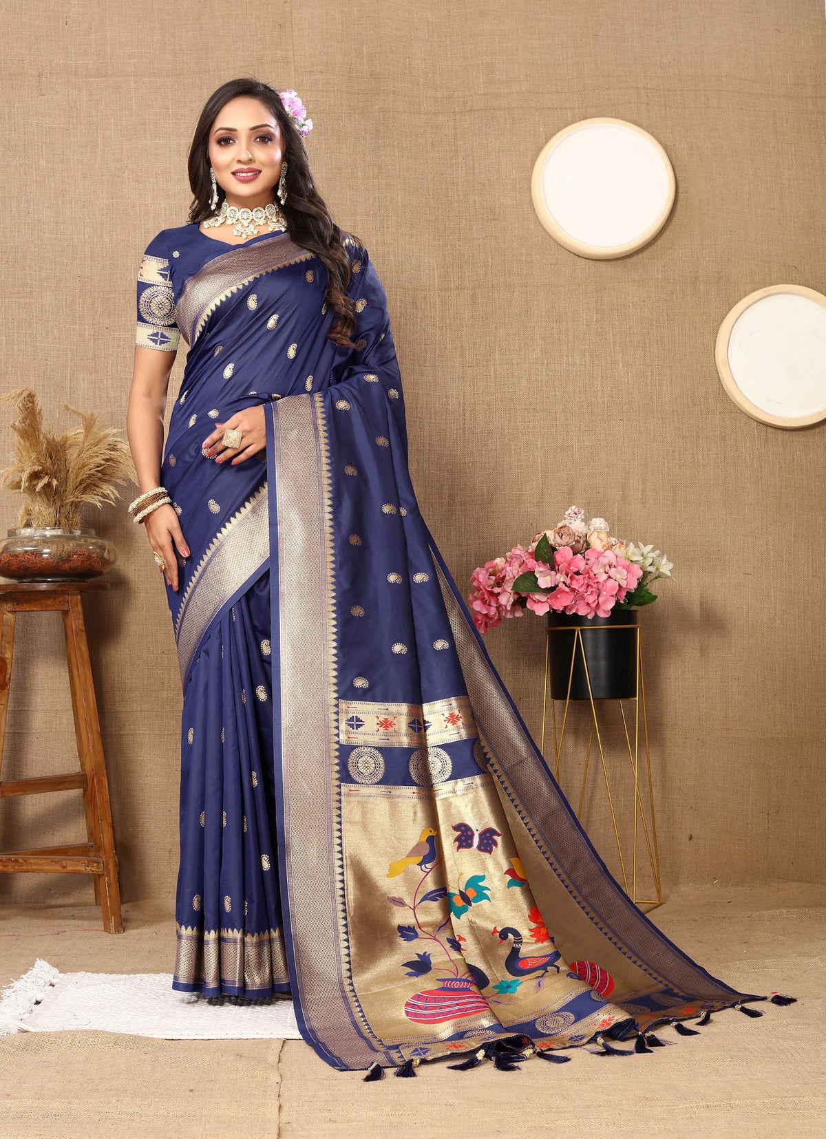 Vedant Vastram Navy Blue Color Paithani Silk Saree - Navy Blue | Grocsy