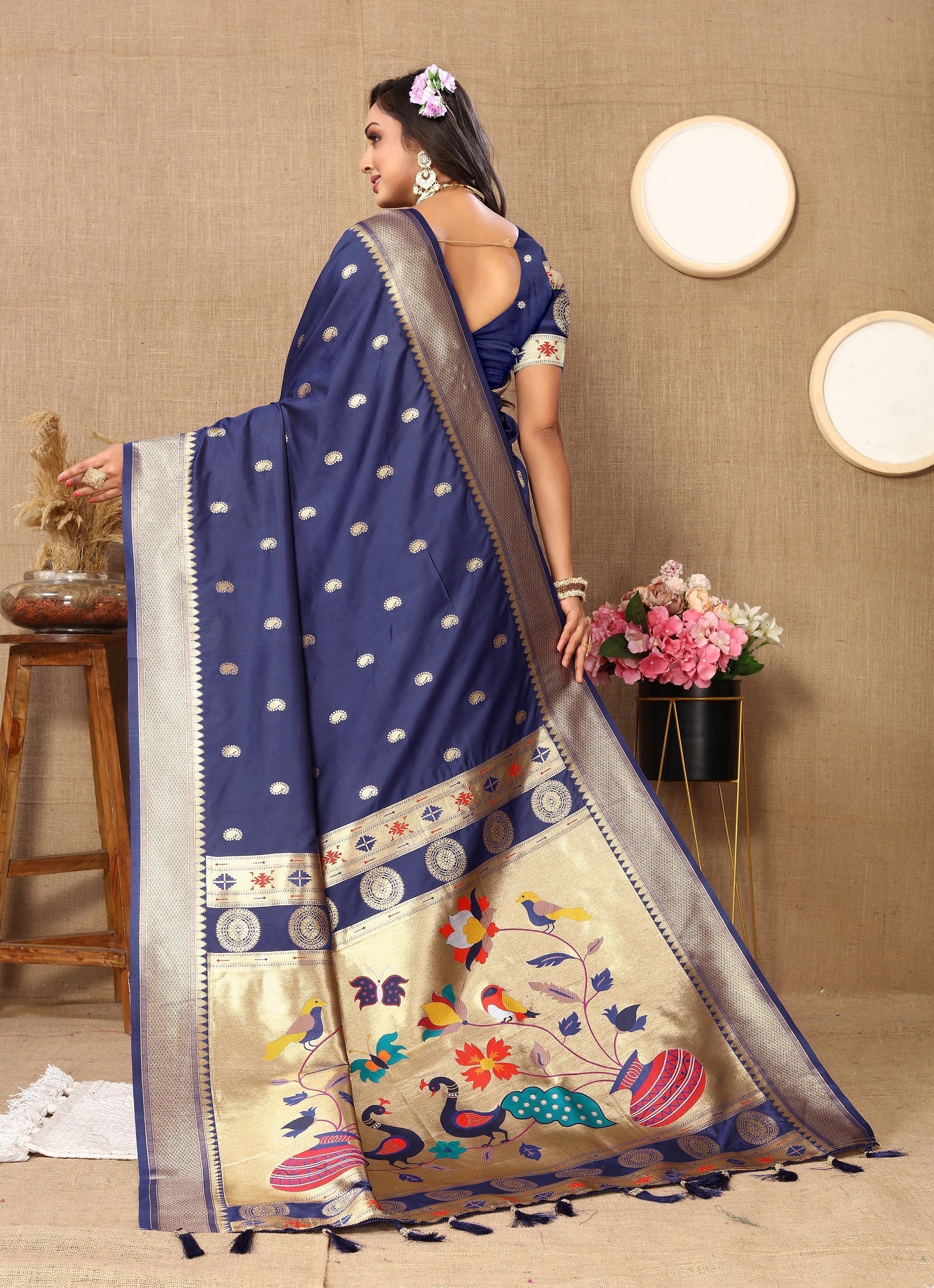 Vedant Vastram Navy Blue Color Paithani Silk Saree - Navy Blue | Grocsy