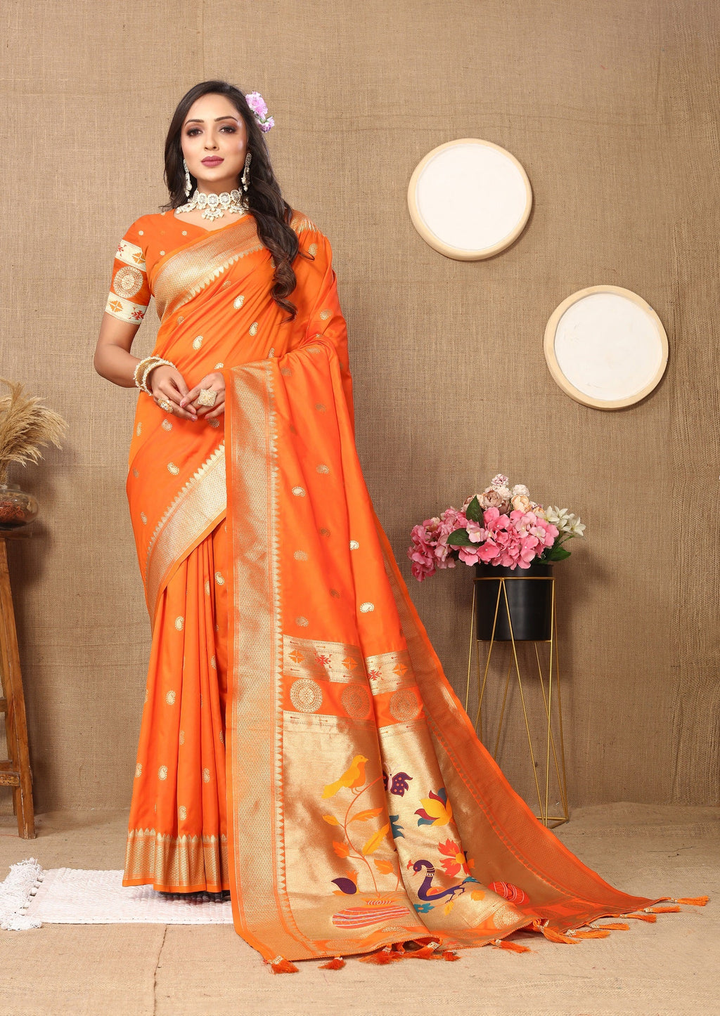 Vedant Vastram Orange Color Paithani Silk Saree - Orange | Grocsy
