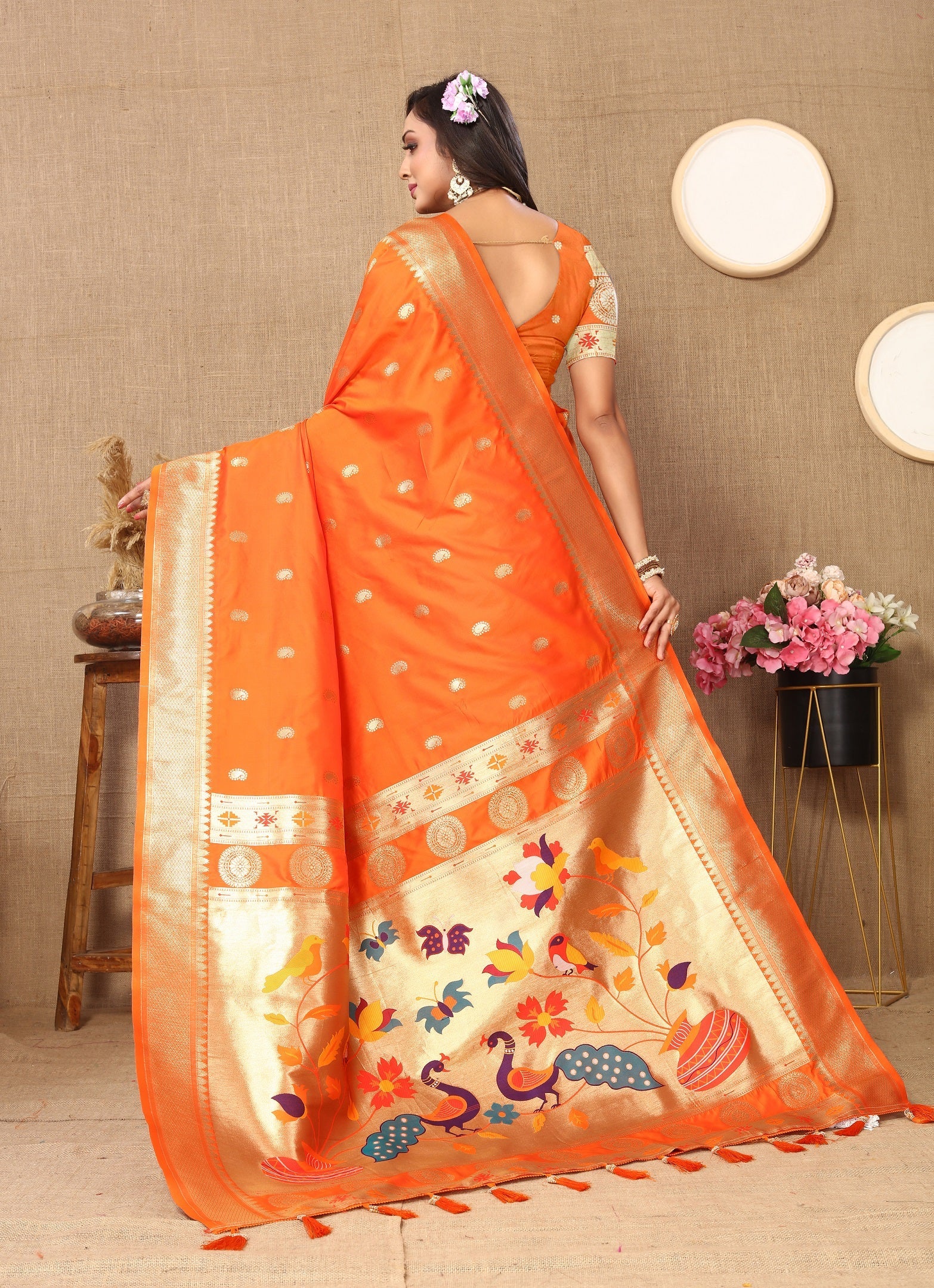 Vedant Vastram Orange Color Paithani Silk Saree - Orange | Grocsy