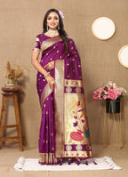 Vedant Vastram Purple Color Paithani Silk Saree - Purple | Grocsy