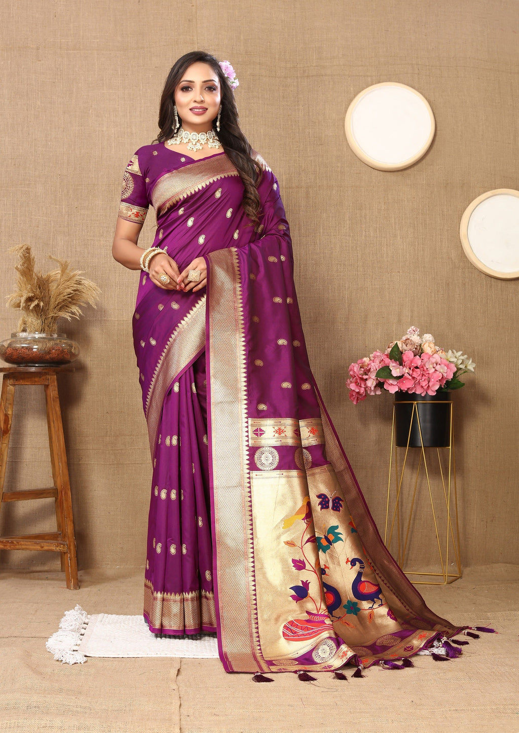 Vedant Vastram Purple Color Paithani Silk Saree - Purple | Grocsy