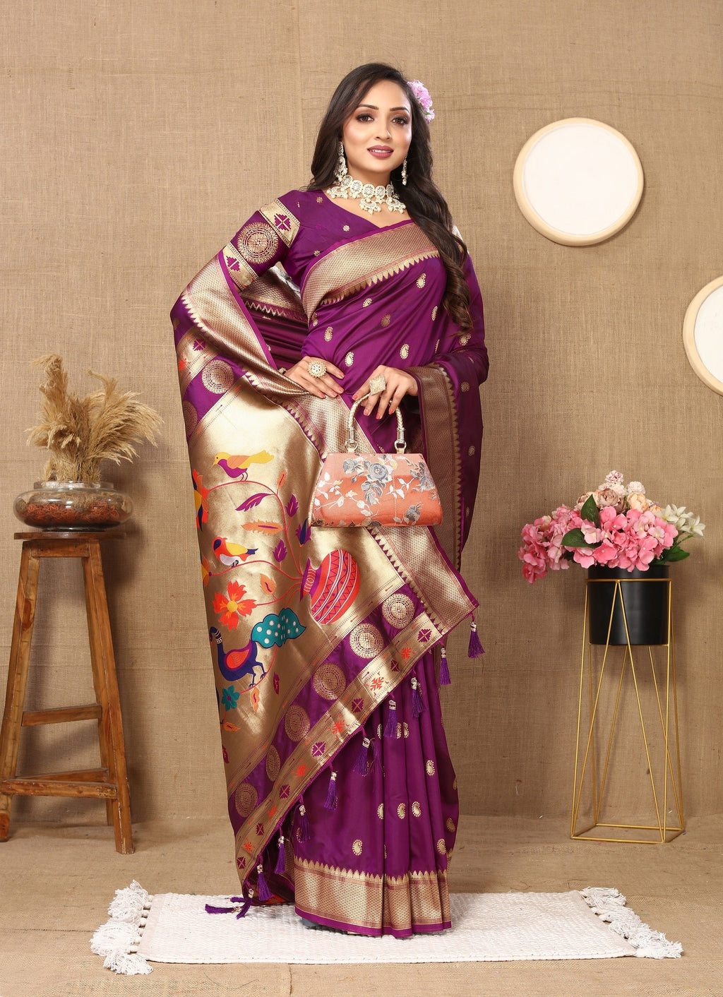 Vedant Vastram Purple Color Paithani Silk Saree - Purple | Grocsy