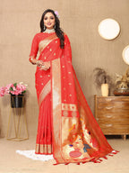 Vedant Vastram Red Color Paithani Silk Saree - Red | Grocsy