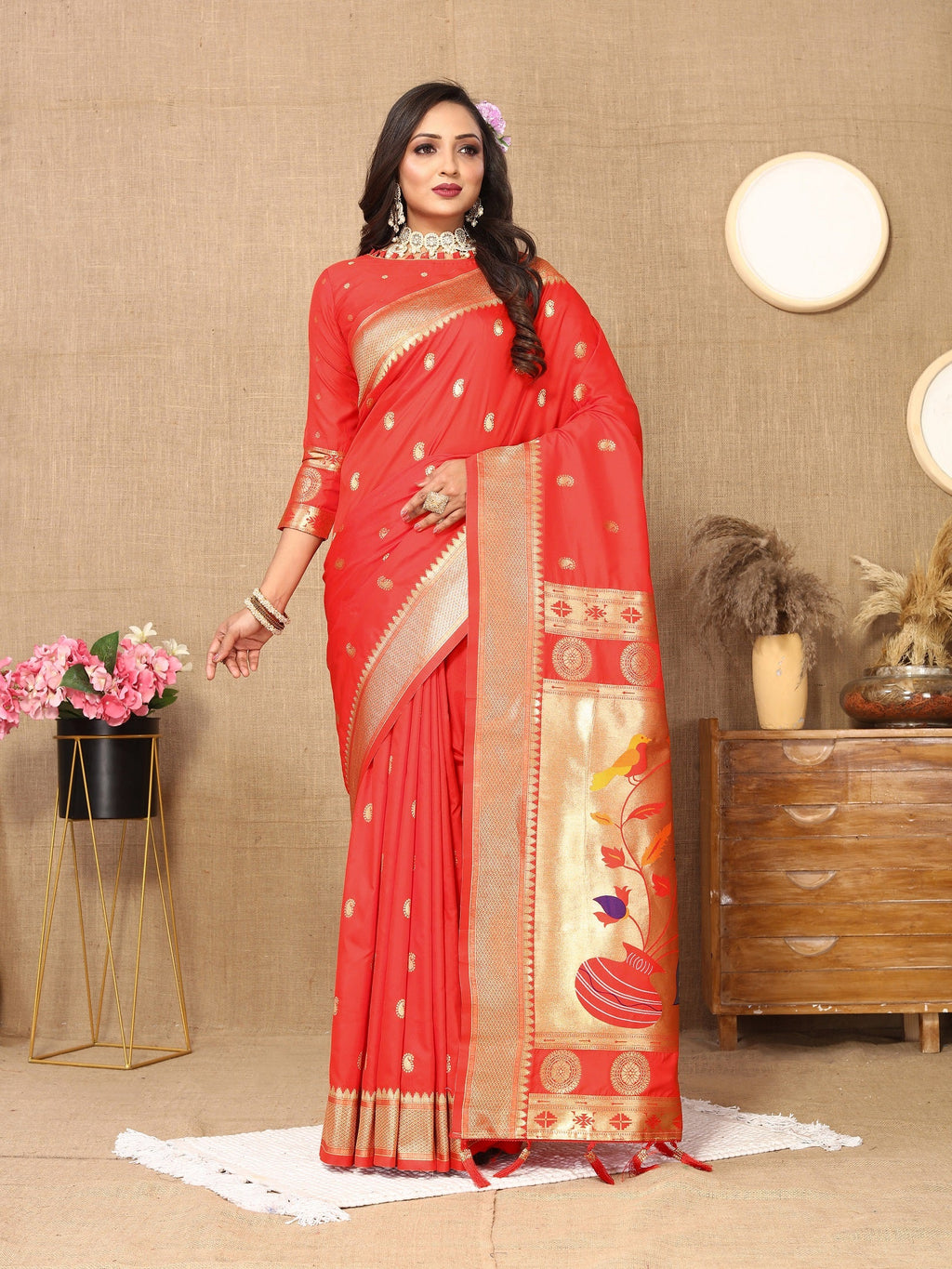Vedant Vastram Red Color Paithani Silk Saree - Red | Grocsy
