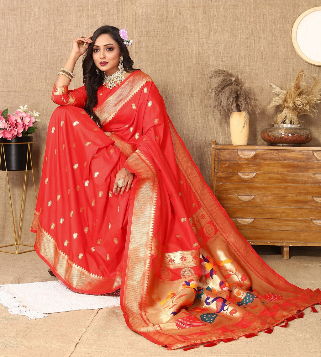 Vedant Vastram Red Color Paithani Silk Saree - Red | Grocsy