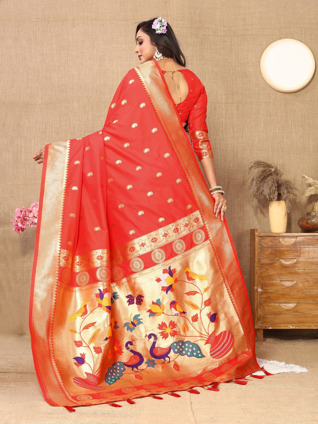 Vedant Vastram Red Color Paithani Silk Saree - Red | Grocsy