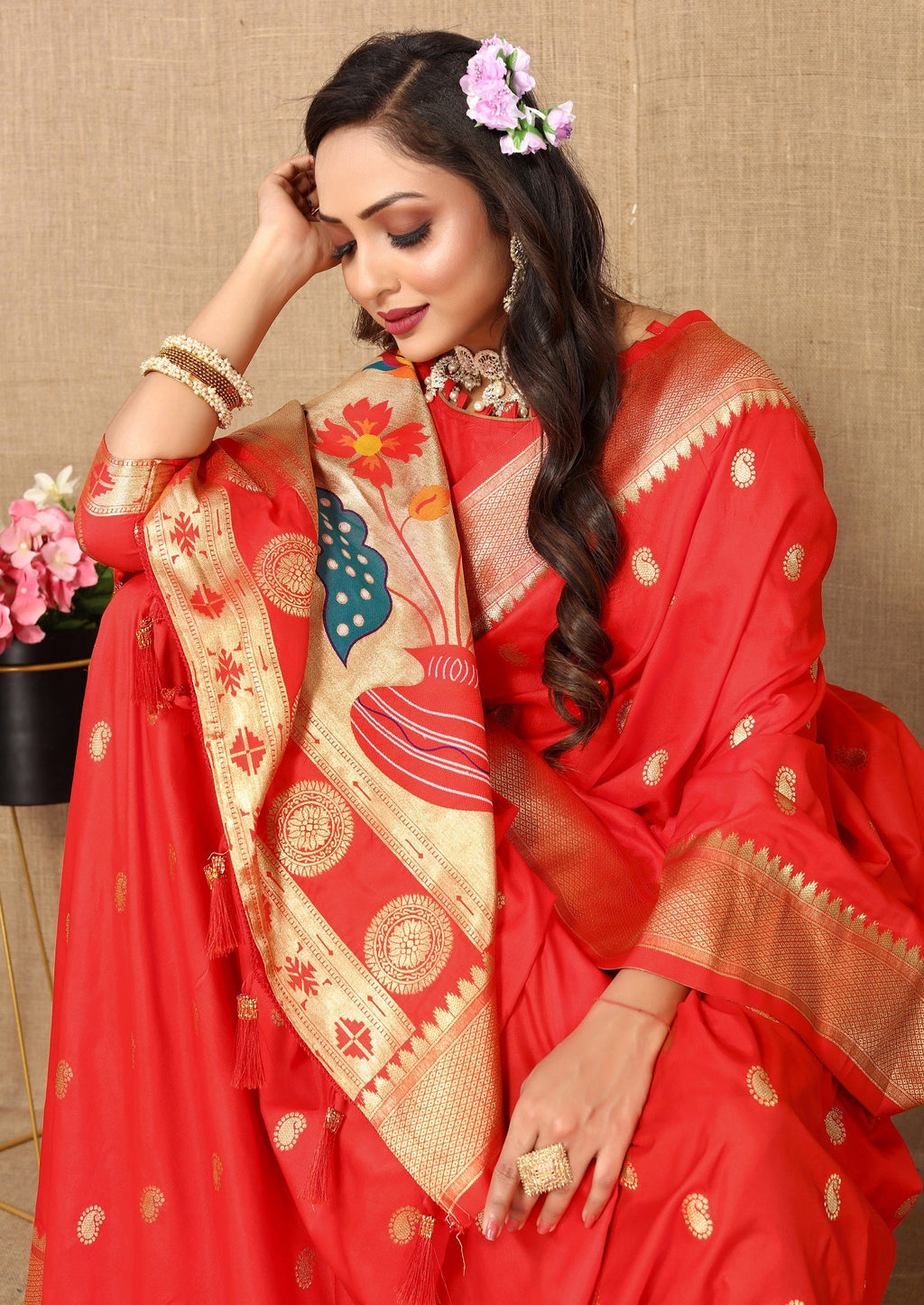Vedant Vastram Red Color Paithani Silk Saree - Red | Grocsy
