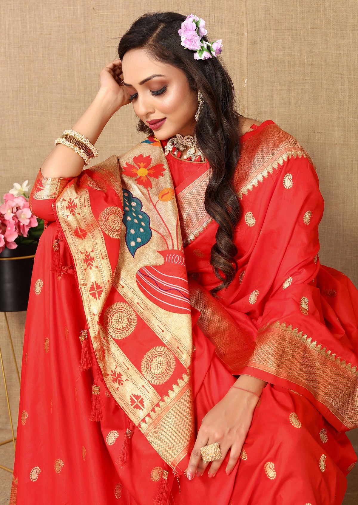 Vedant Vastram Red Color Paithani Silk Saree - Red | Grocsy