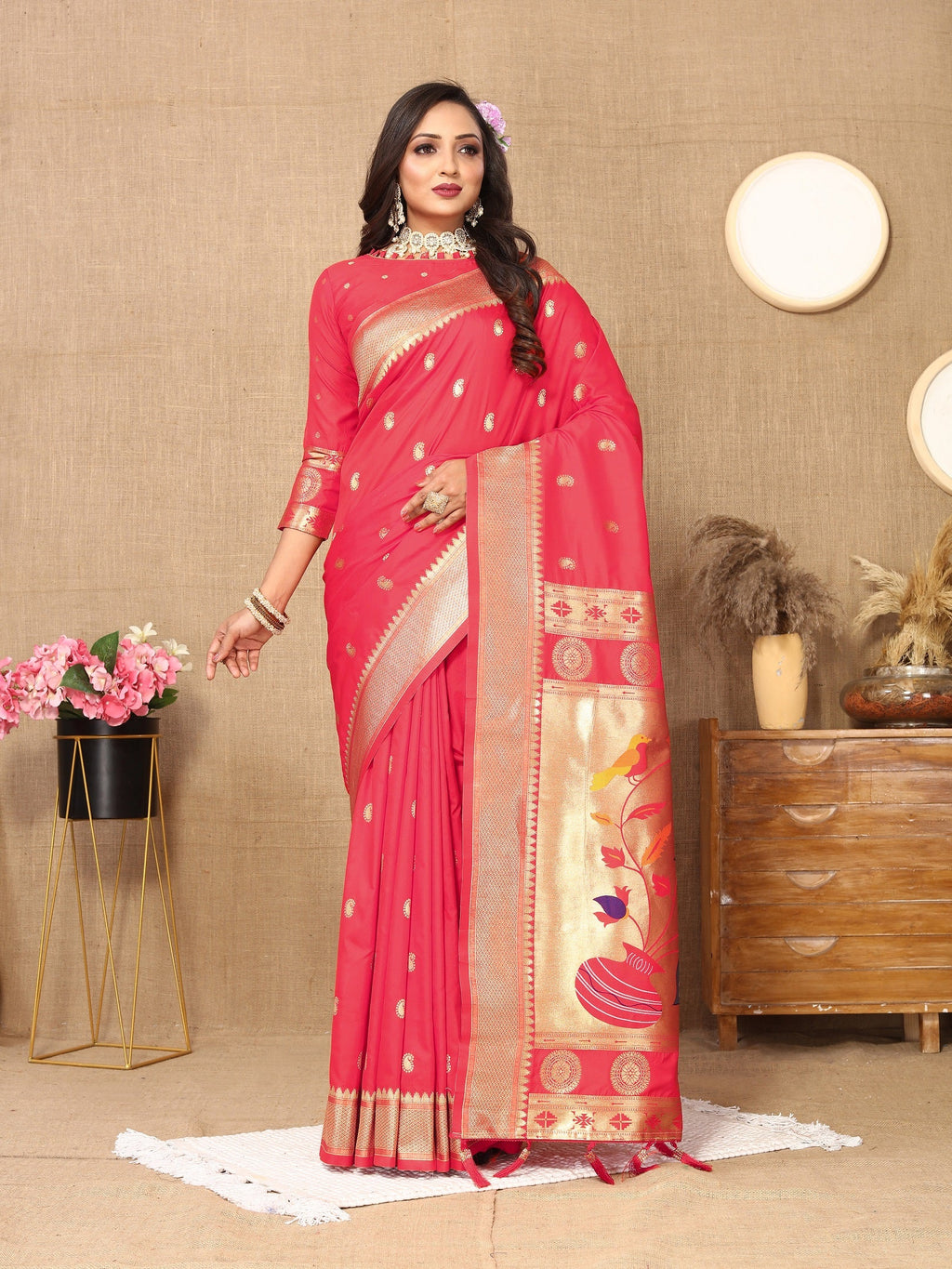 Vedant Vastram Tomato Color Paithani Silk Saree - Tomato | Grocsy