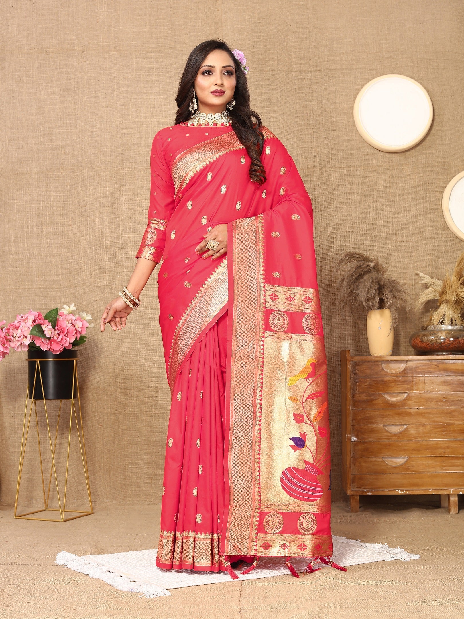 Vedant Vastram Tomato Color Paithani Silk Saree - Tomato | Grocsy