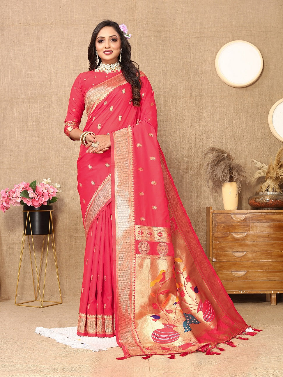 Vedant Vastram Tomato Color Paithani Silk Saree - Tomato | Grocsy
