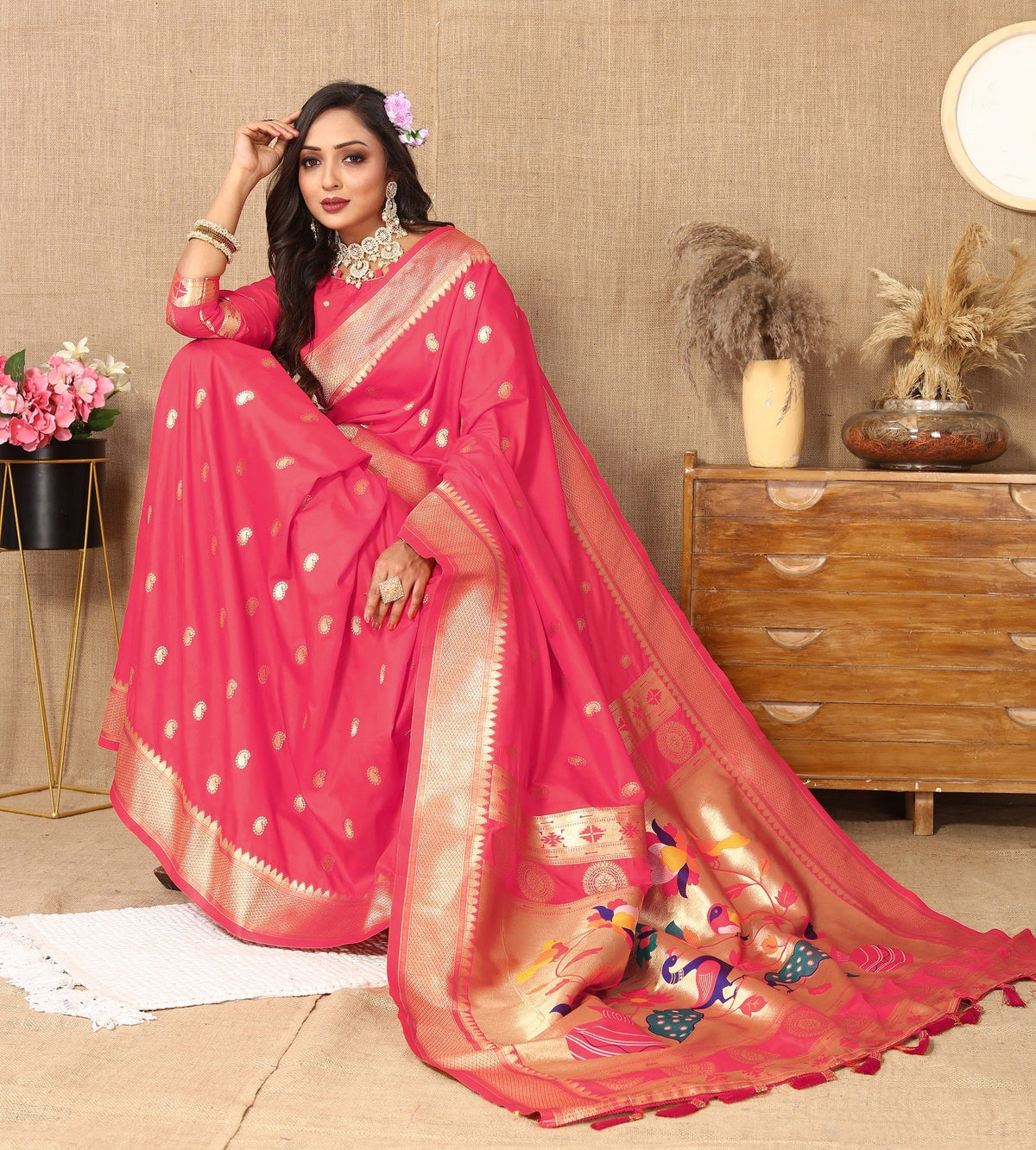 Vedant Vastram Tomato Color Paithani Silk Saree - Tomato | Grocsy