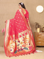 Vedant Vastram Tomato Color Paithani Silk Saree - Tomato | Grocsy