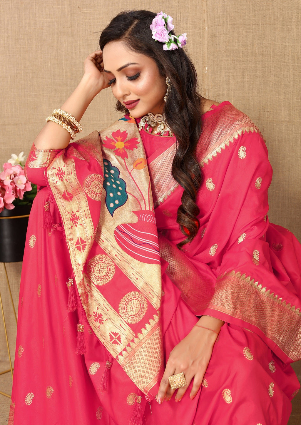 Vedant Vastram Tomato Color Paithani Silk Saree - Tomato | Grocsy