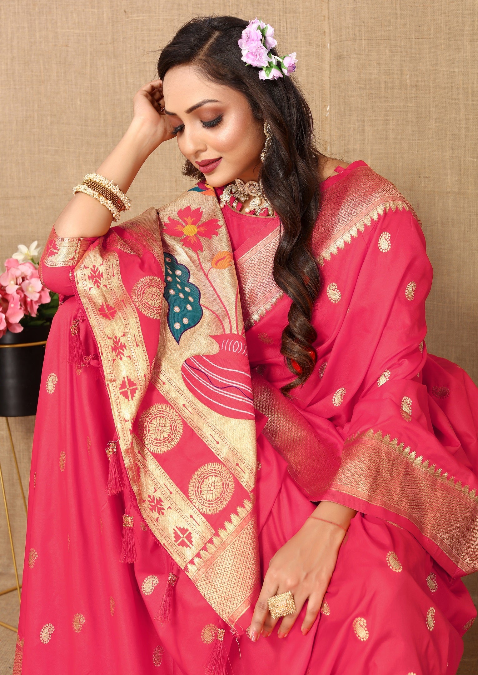 Vedant Vastram Tomato Color Paithani Silk Saree - Tomato | Grocsy