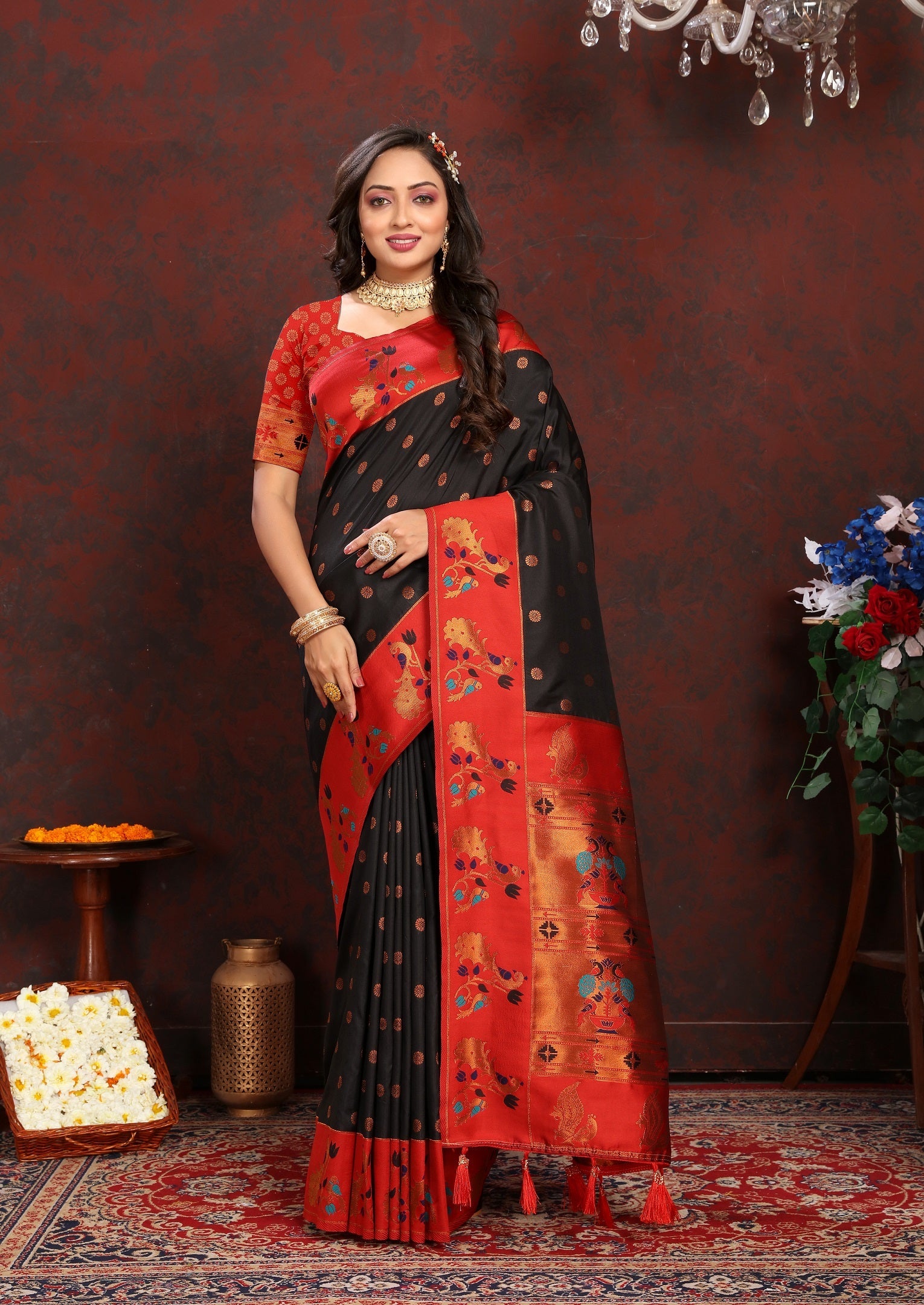 Vedant Vastram Black Color Paithani Silk Saree - Black | Grocsy