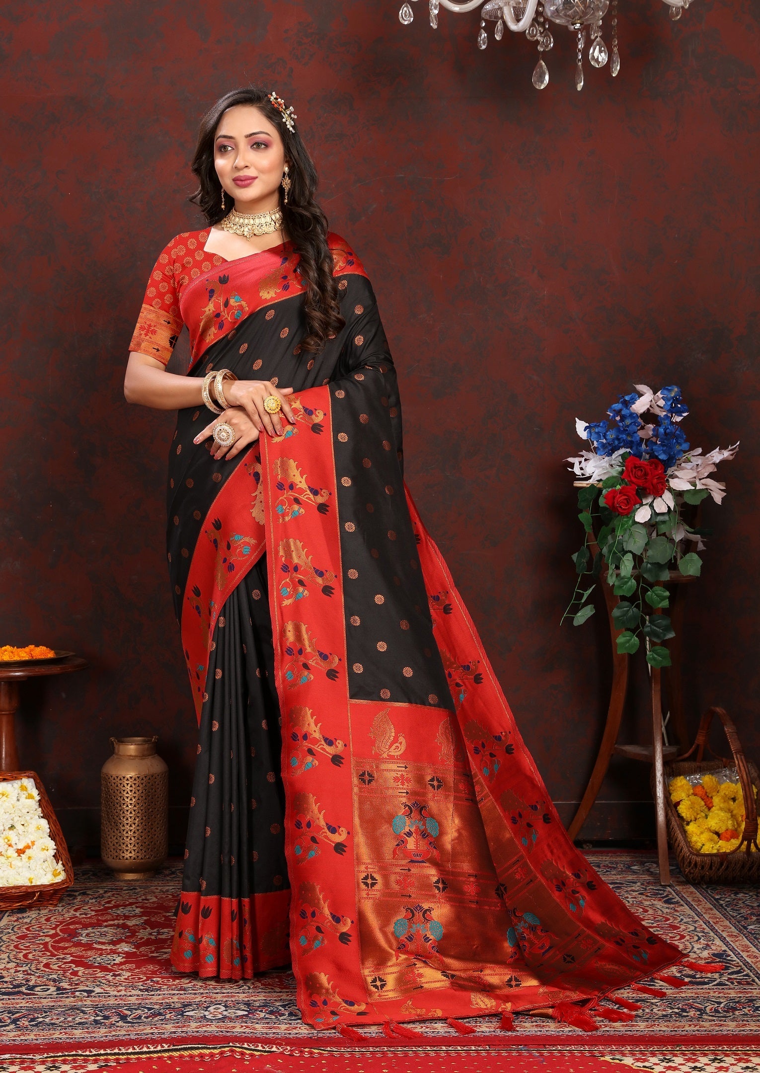 Vedant Vastram Black Color Paithani Silk Saree - Black | Grocsy