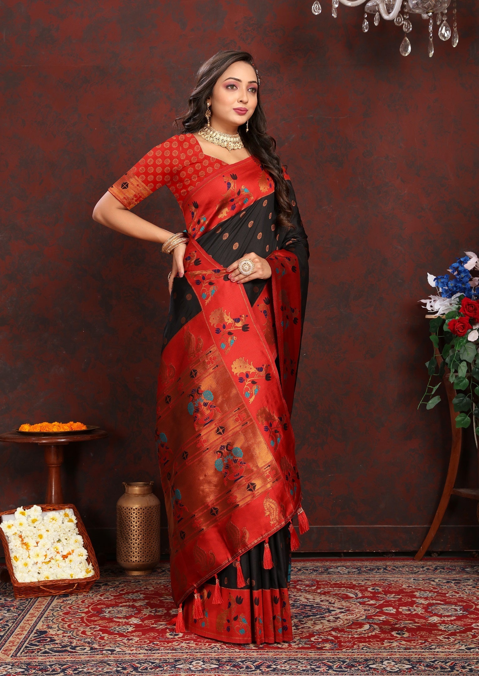 Vedant Vastram Black Color Paithani Silk Saree - Black | Grocsy