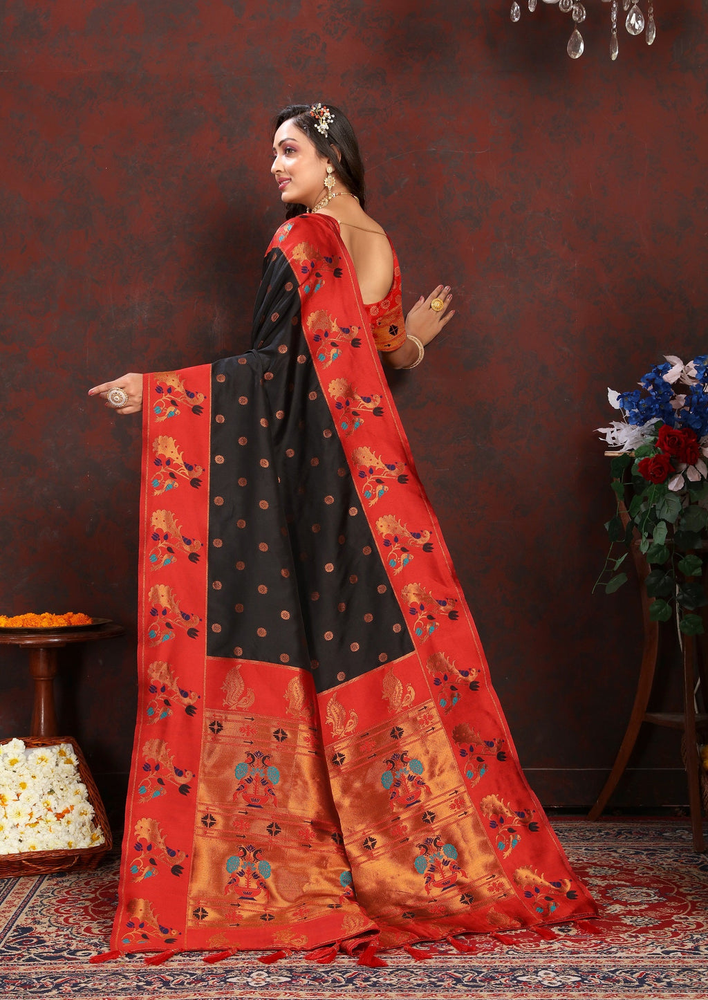 Vedant Vastram Black Color Paithani Silk Saree - Black | Grocsy