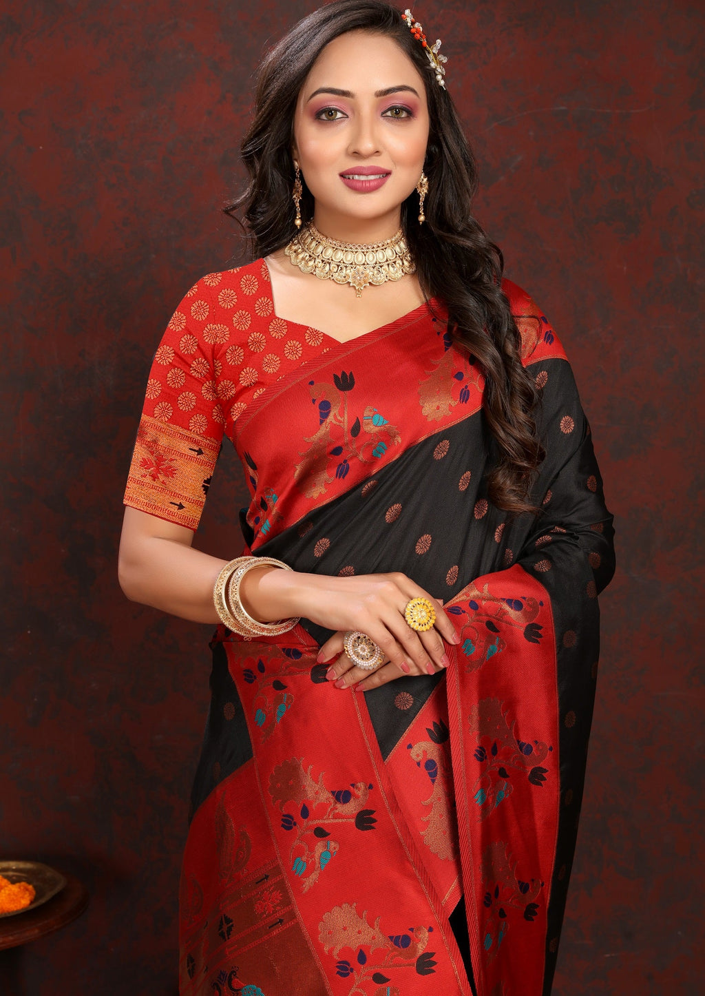Vedant Vastram Black Color Paithani Silk Saree - Black | Grocsy
