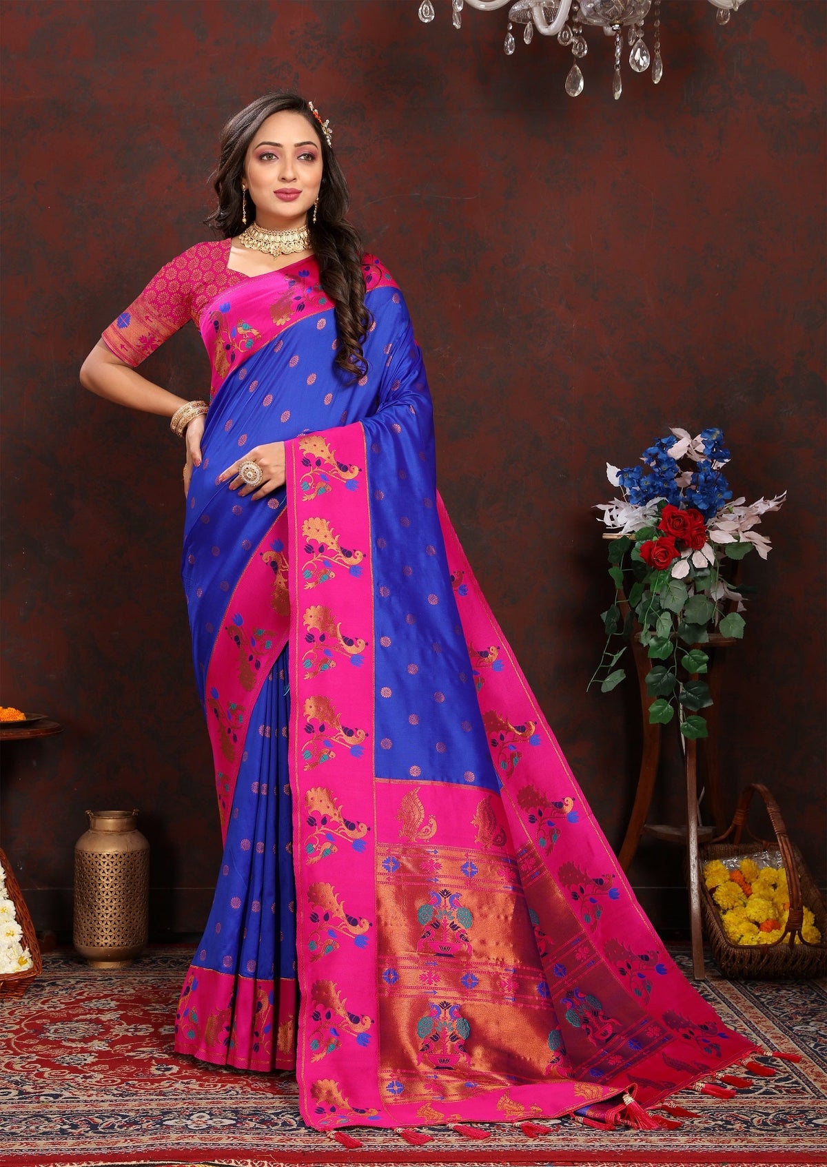 Vedant Vastram Blue Color Paithani Silk Saree - Blue | Grocsy
