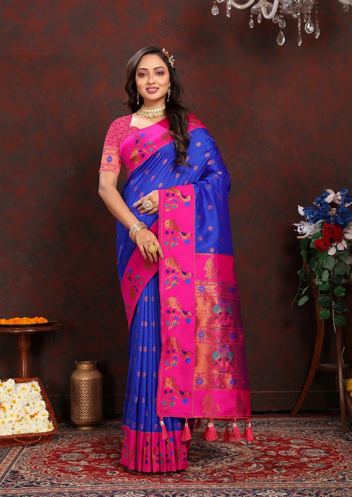 Vedant Vastram Blue Color Paithani Silk Saree - Blue | Grocsy