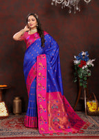 Vedant Vastram Blue Color Paithani Silk Saree - Blue | Grocsy