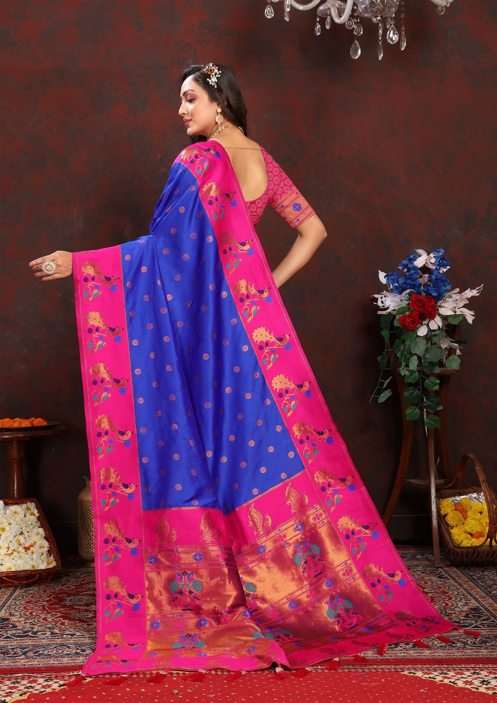 Vedant Vastram Blue Color Paithani Silk Saree - Blue | Grocsy