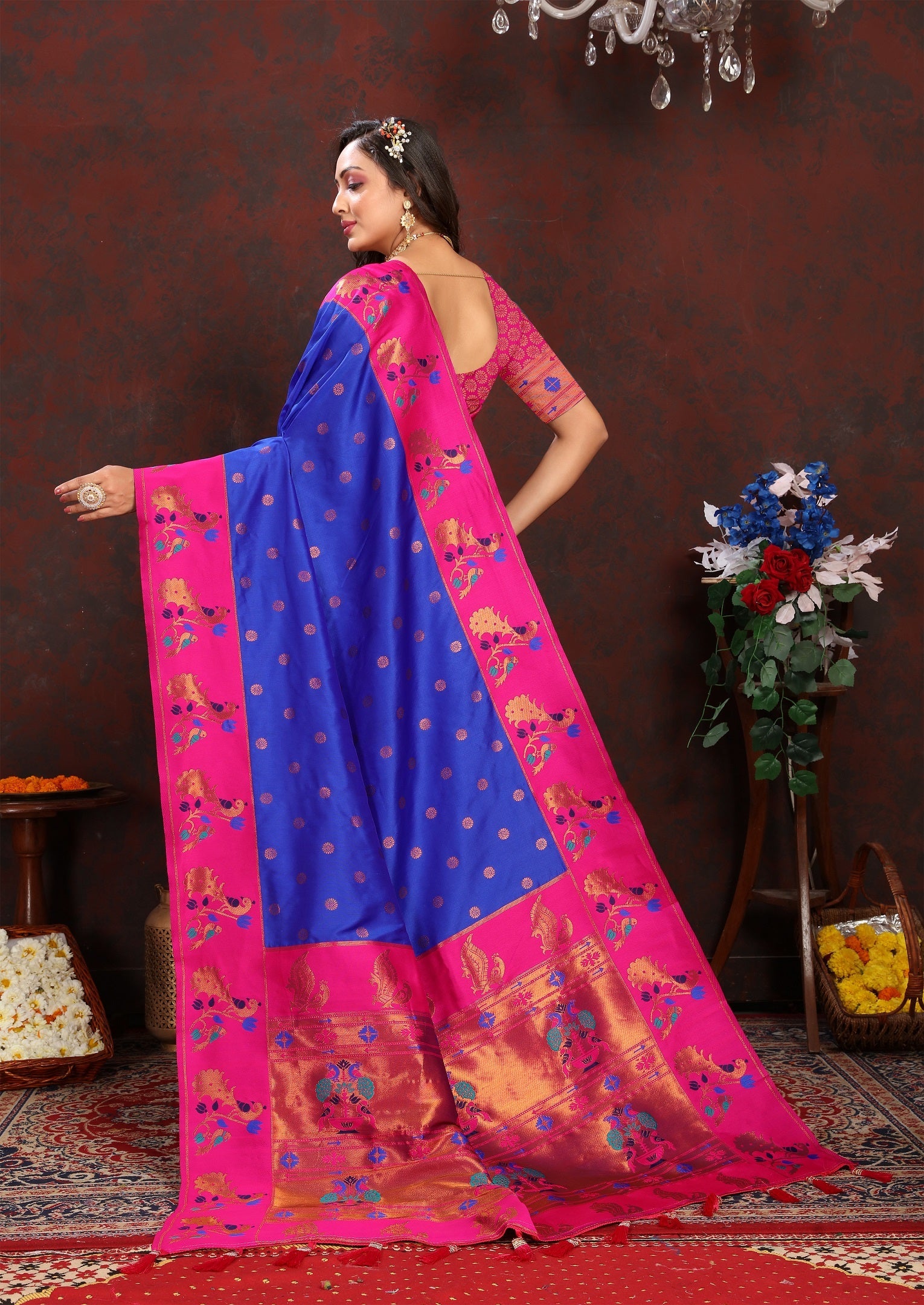 Vedant Vastram Blue Color Paithani Silk Saree - Blue | Grocsy