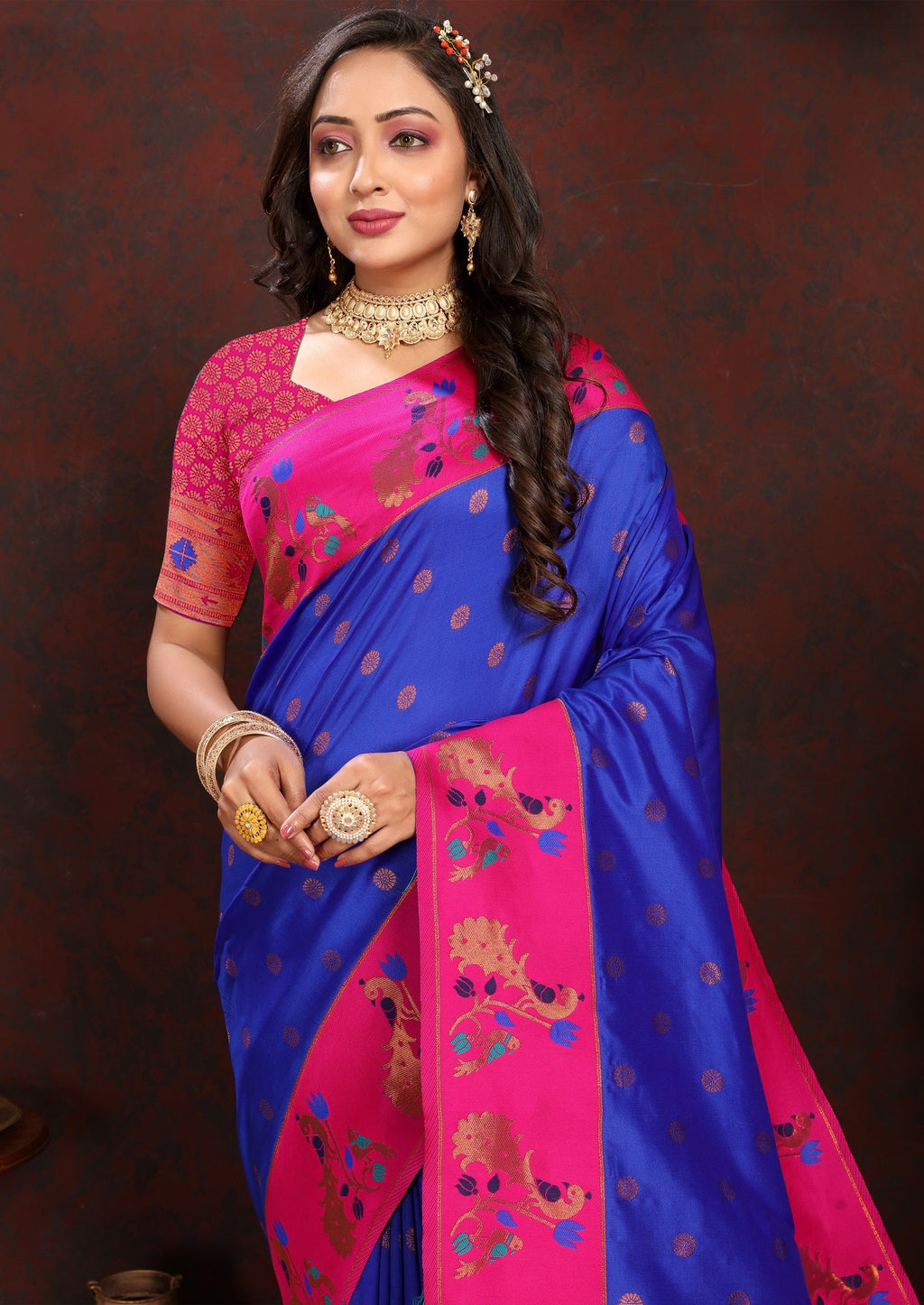 Vedant Vastram Blue Color Paithani Silk Saree - Blue | Grocsy