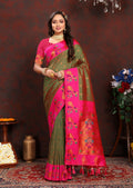 Vedant Vastram Mehndi Color Paithani Silk Saree - Mehndi | Grocsy