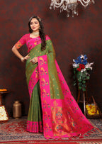 Vedant Vastram Mehndi Color Paithani Silk Saree - Mehndi | Grocsy
