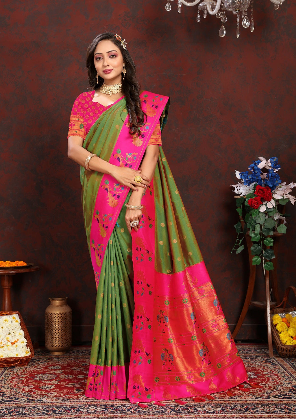 Vedant Vastram Mehndi Color Paithani Silk Saree - Mehndi | Grocsy