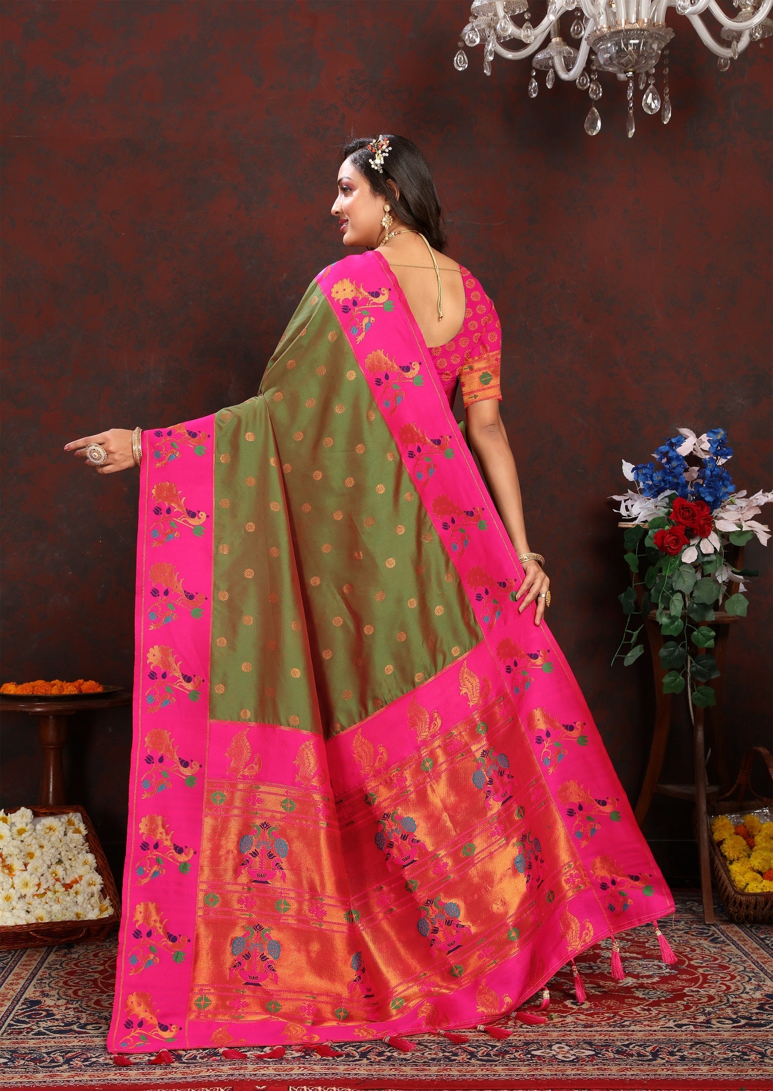Vedant Vastram Mehndi Color Paithani Silk Saree - Mehndi | Grocsy